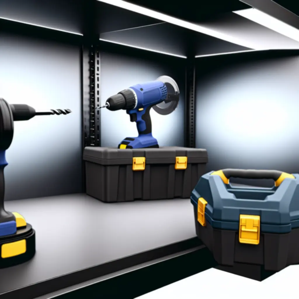 Rozłożony zestaw bestsellerowych narzędzi ręcznych i elektronarzędzi na ciemnym blacie warsztatowym.