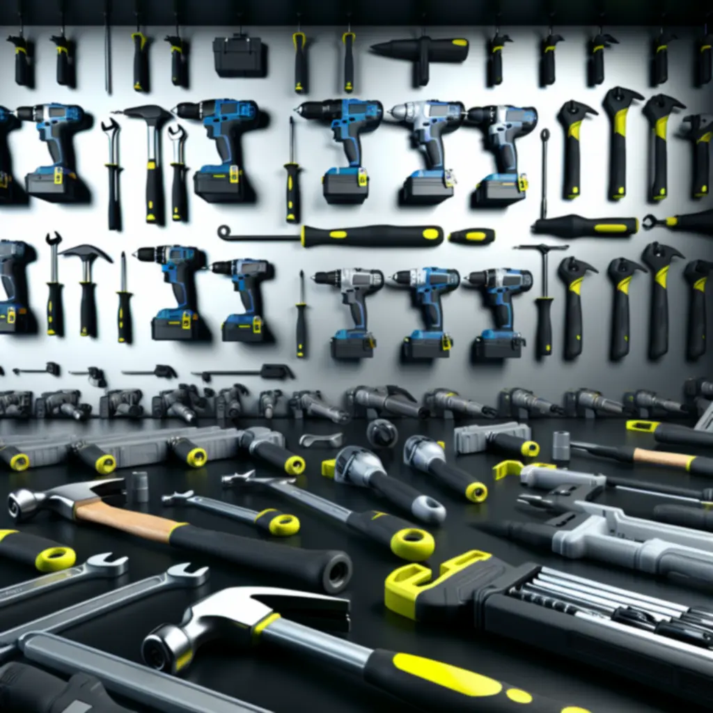 Zestaw profesjonalnych elektronarzędzi na stalowym blacie roboczym w warsztatowym świetle.