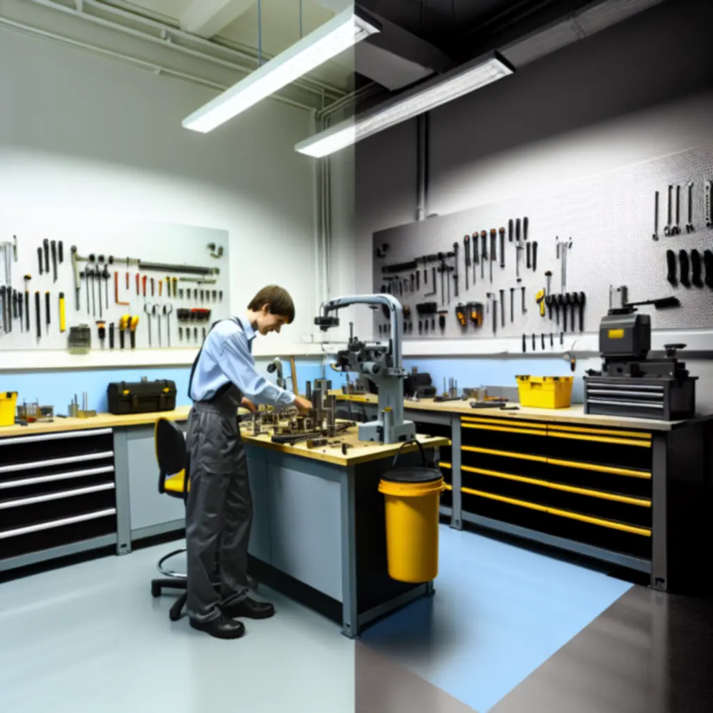 Starannie zorganizowane stanowisko pracy w warsztacie z profesjonalnymi narzędziami